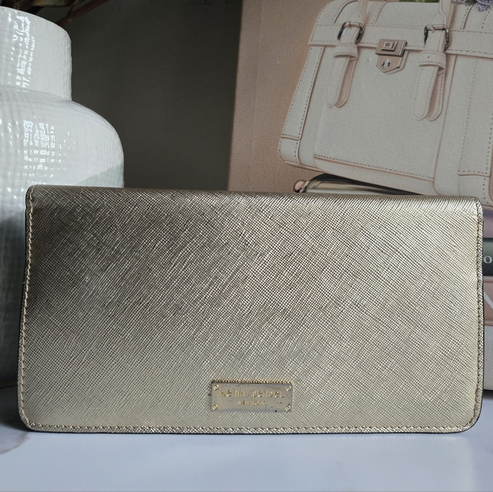 Henri Bendel Gold Long Flap Wallet Clutch EUC